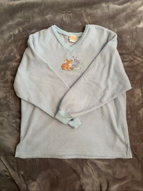 Light Blue V-Neck Fleece Pullover with Bunny Embroidery